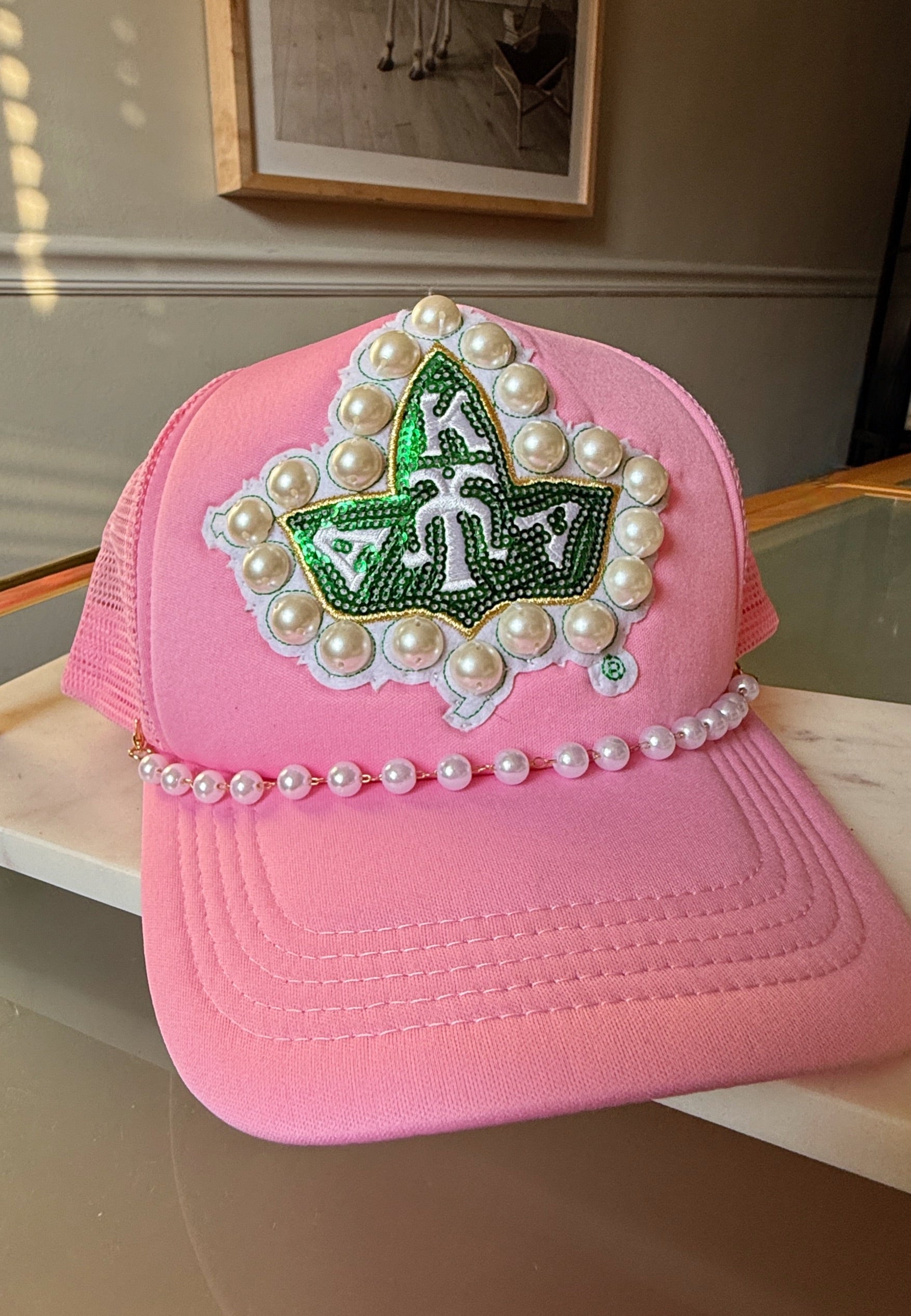 Pink Trucker Hat with Gold Crown and Embellishments Pearl Chain & Ivy Trucker Hat – Label Armoire Greek Edition main image 2