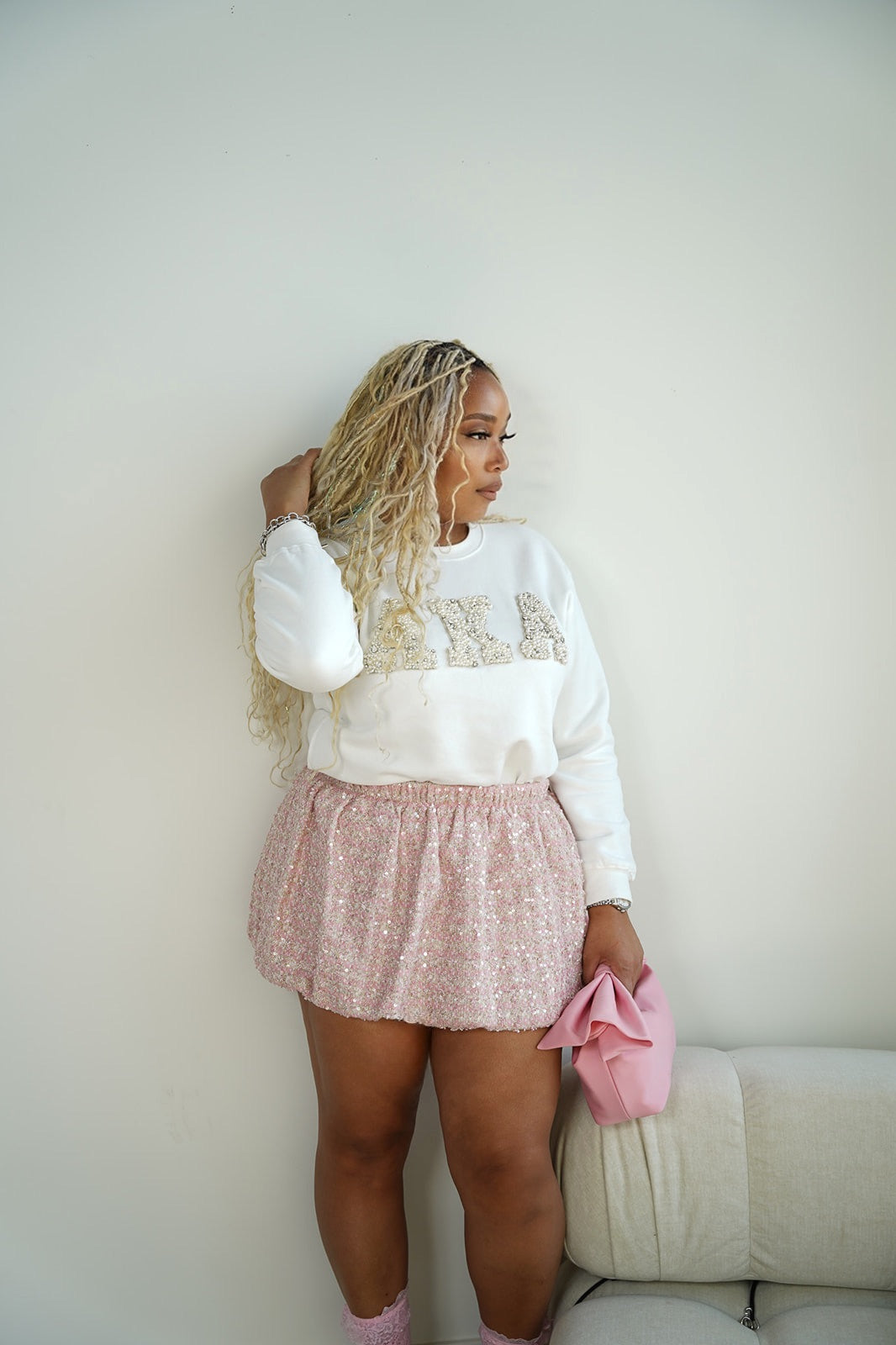 AKA® Winter White Pearl Embellished Sweatshirt