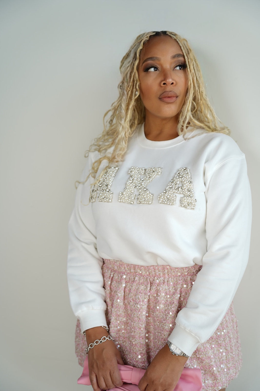 AKA® Winter White Pearl Embellished Sweatshirt