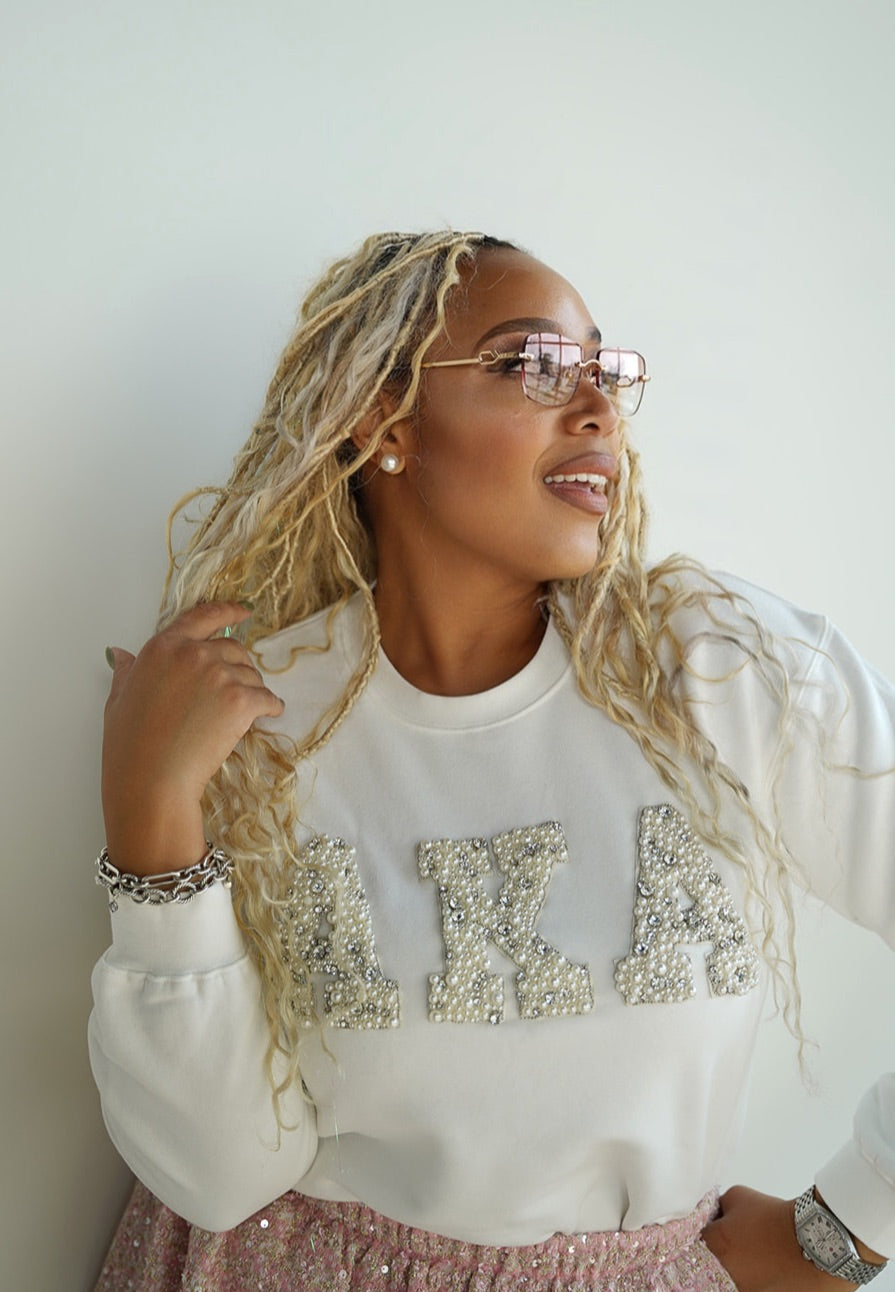 AKA® Winter White Pearl Embellished Sweatshirt