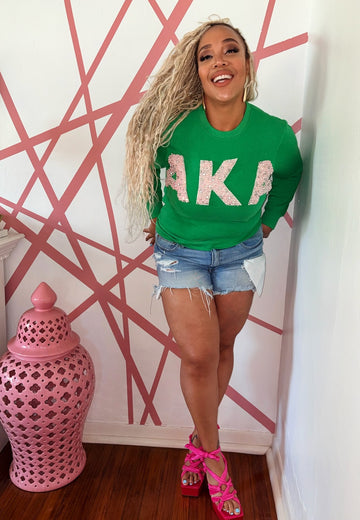 AKA® Green Pink Pearl Embellished Sweatshirt