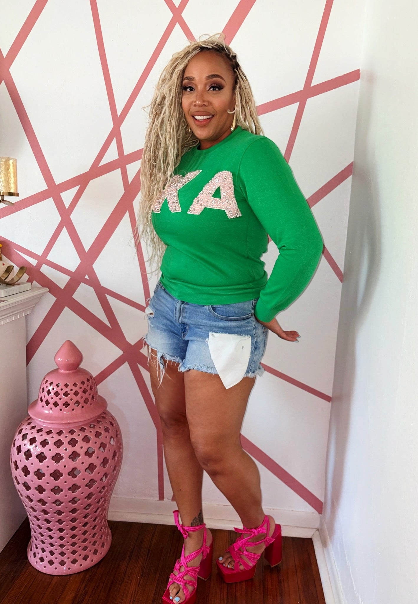 AKA® Green Pink Pearl Embellished Sweatshirt